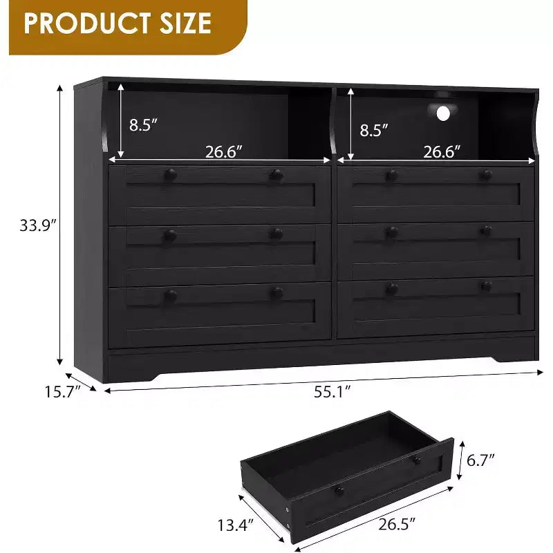 6 Drawer Dresser with LED and Power Strip, Dressers & Chests of Drawers with Storage Cabinet for Bedroom, 55 Wide Wood TV Stand
