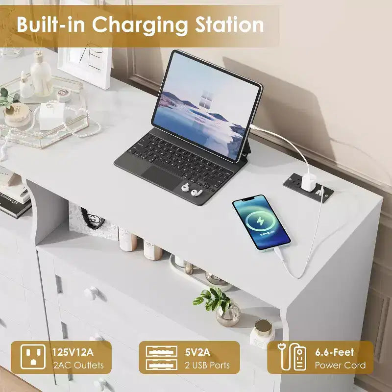 6 Drawer Dresser with LED and Power Strip, Dressers & Chests of Drawers with Storage Cabinet for Bedroom, 55 Wide Wood TV Stand
