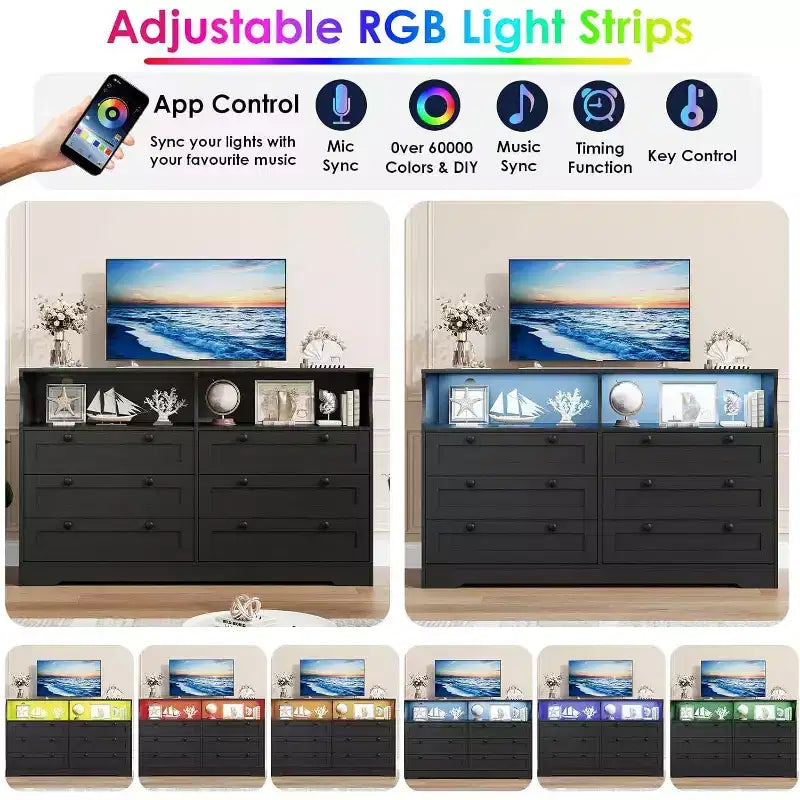 6 Drawer Dresser with LED and Power Strip, Dressers & Chests of Drawers with Storage Cabinet for Bedroom, 55 Wide Wood TV Stand