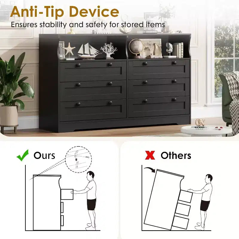 6 Drawer Dresser with LED and Power Strip, Dressers & Chests of Drawers with Storage Cabinet for Bedroom, 55 Wide Wood TV Stand