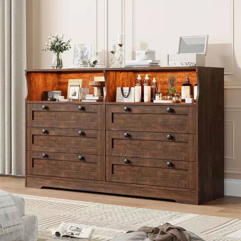 6 Drawer Dresser with LED and Power Strip, Dressers & Chests of Drawers with Storage Cabinet for Bedroom, 55 Wide Wood TV Stand
