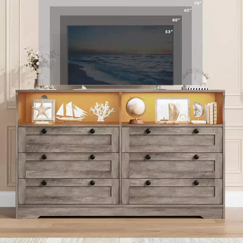 6 Drawer Dresser with LED and Power Strip, Dressers & Chests of Drawers with Storage Cabinet for Bedroom, 55 Wide Wood TV Stand