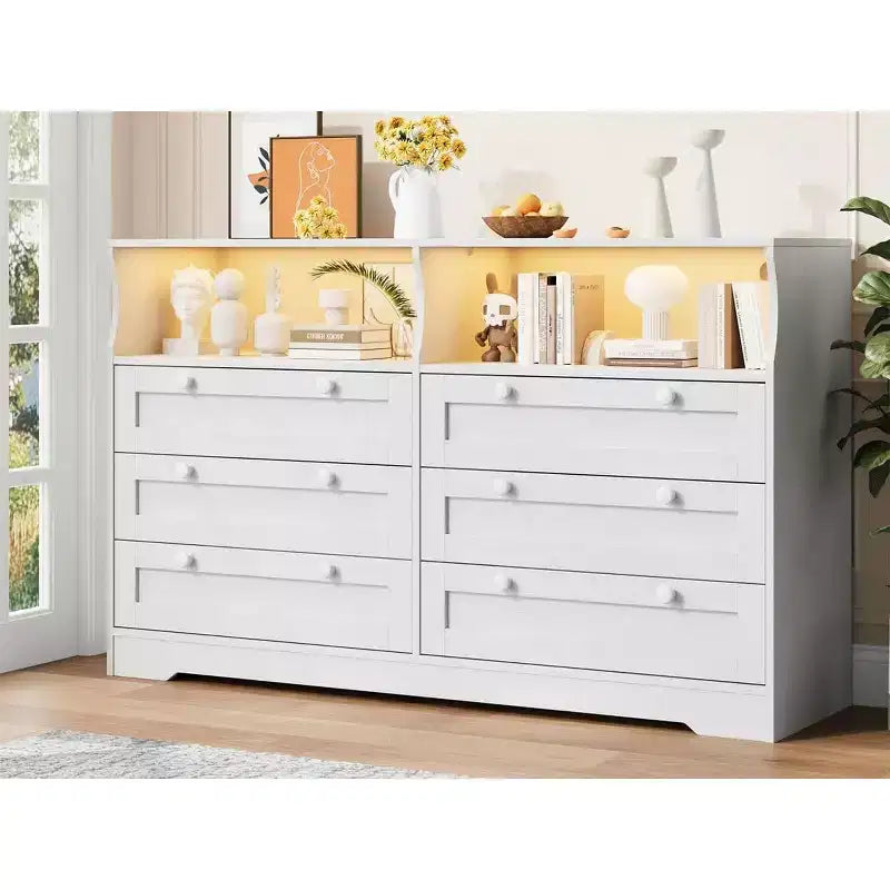6 Drawer Dresser with LED and Power Strip, Dressers & Chests of Drawers with Storage Cabinet for Bedroom, 55 Wide Wood TV Stand
