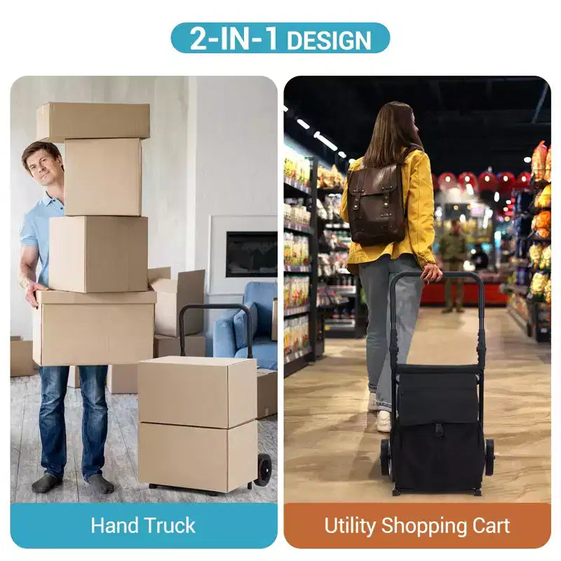 2 in 1 Foldable Hand Truck Utility Cart, Folding Grocery Cart, Heavy Duty Collapsible Shopping Cart with a Removable Waterproof Bag