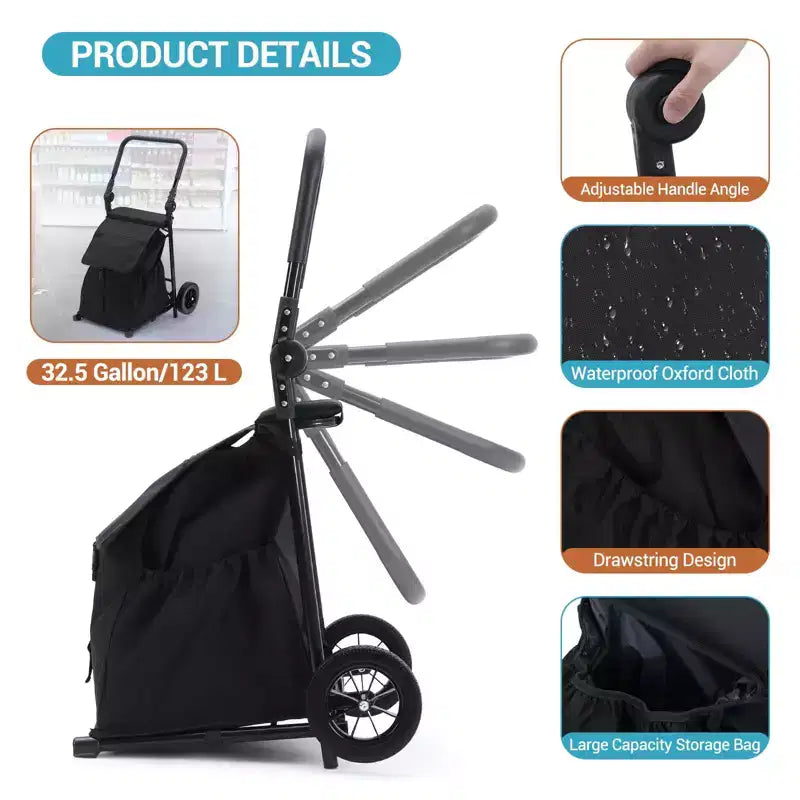 2 in 1 Foldable Hand Truck Utility Cart, Folding Grocery Cart, Heavy Duty Collapsible Shopping Cart with a Removable Waterproof Bag