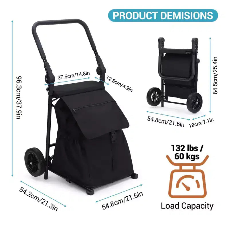2 in 1 Foldable Hand Truck Utility Cart, Folding Grocery Cart, Heavy Duty Collapsible Shopping Cart with a Removable Waterproof Bag
