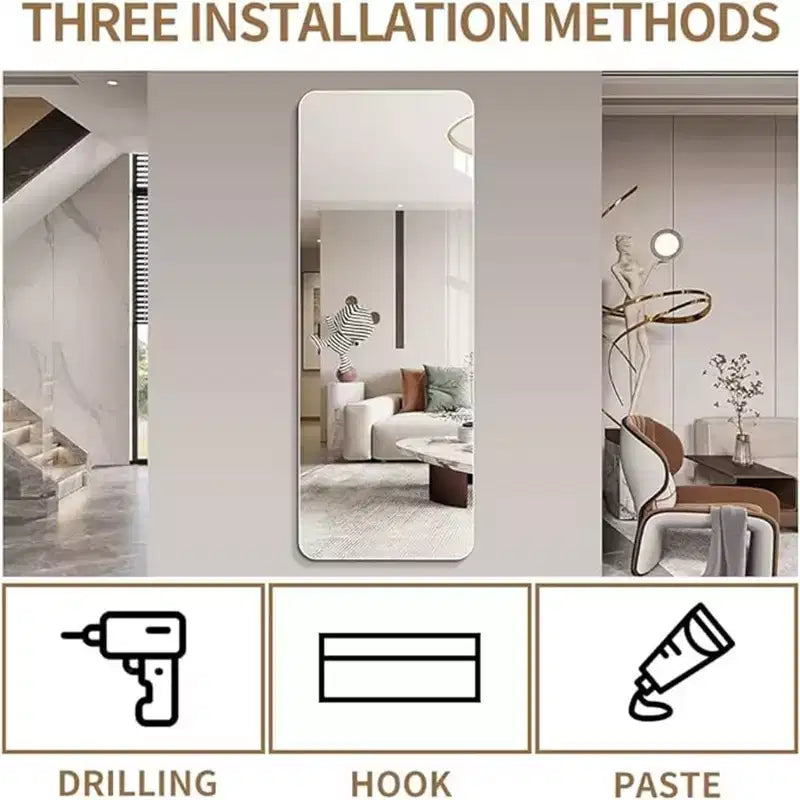 Rimless Full-Length Wall-Mounted Dressing Mirror with Round Corners and Explosion-Proof Glass - 56"H x 15"W