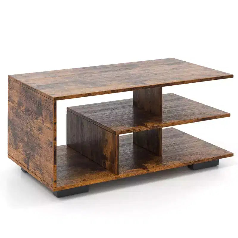Coffee Table with L-Shaped Middle Shelf - 3-Tier Geometric Design, Rustic Brown