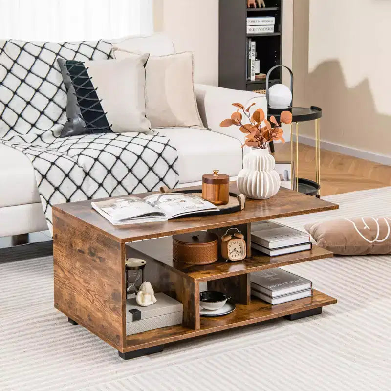 Coffee Table with L-Shaped Middle Shelf - 3-Tier Geometric Design, Rustic Brown