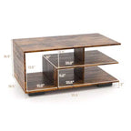 Coffee Table with L-Shaped Middle Shelf - 3-Tier Geometric Design, Rustic Brown