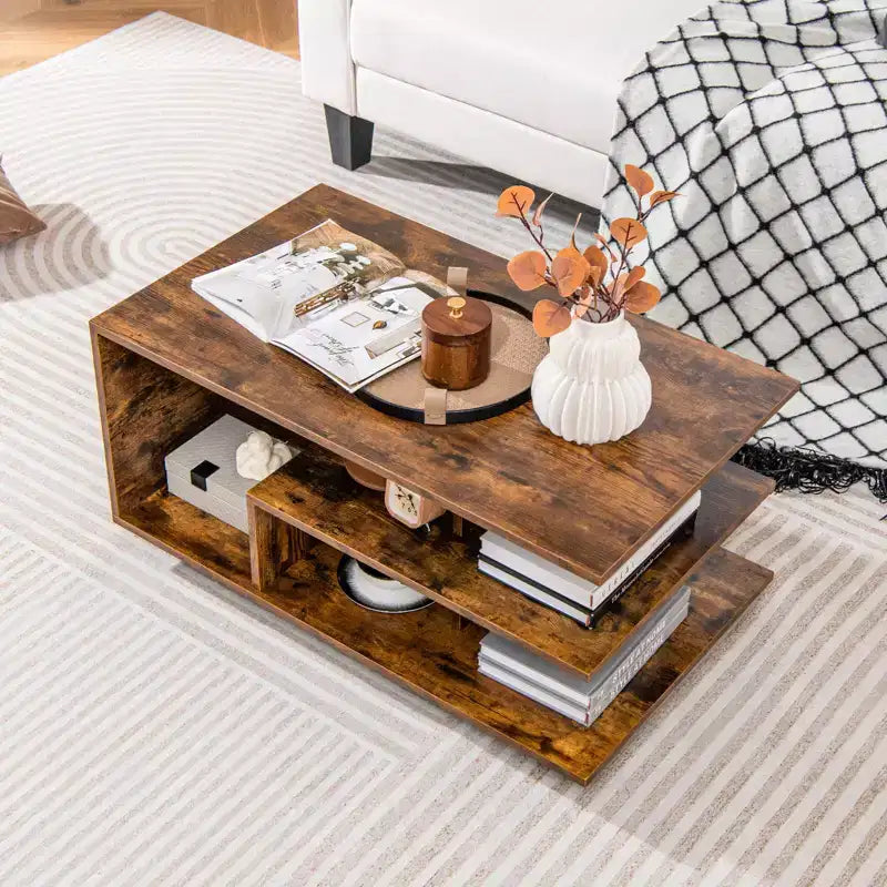 Coffee Table with L-Shaped Middle Shelf - 3-Tier Geometric Design, Rustic Brown