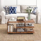 Coffee Table with L-Shaped Middle Shelf - 3-Tier Geometric Design, Rustic Brown