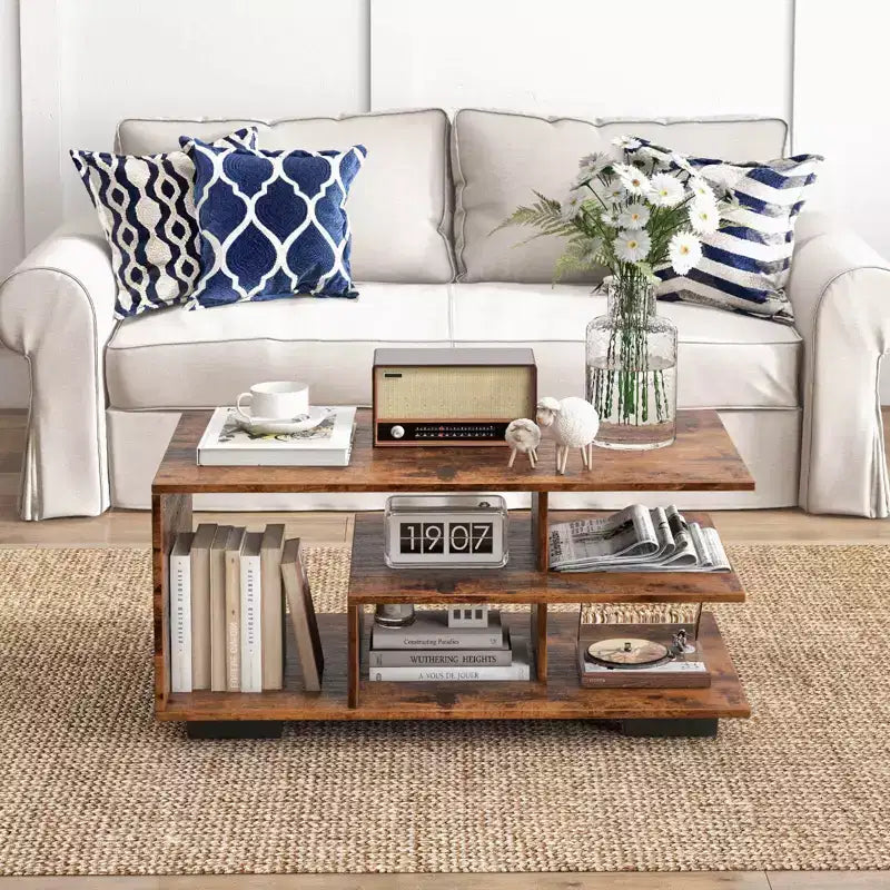Coffee Table with L-Shaped Middle Shelf - 3-Tier Geometric Design, Rustic Brown