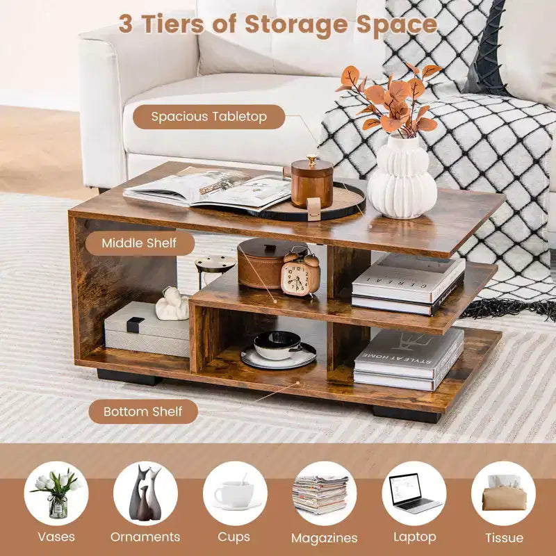 Coffee Table with L-Shaped Middle Shelf - 3-Tier Geometric Design, Rustic Brown