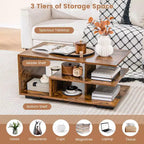 Coffee Table with L-Shaped Middle Shelf - 3-Tier Geometric Design, Rustic Brown
