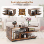 Coffee Table with L-Shaped Middle Shelf - 3-Tier Geometric Design, Rustic Brown