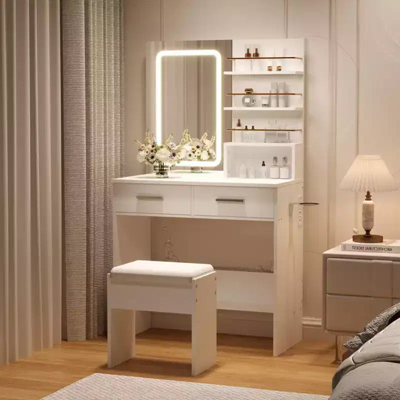 Makeup Vanity Desk with Mirror and Lights, 31W Dressing Table with 2 Drawers & Open Storage Shelves, Brightness Adjustable Makeup Vanity Table