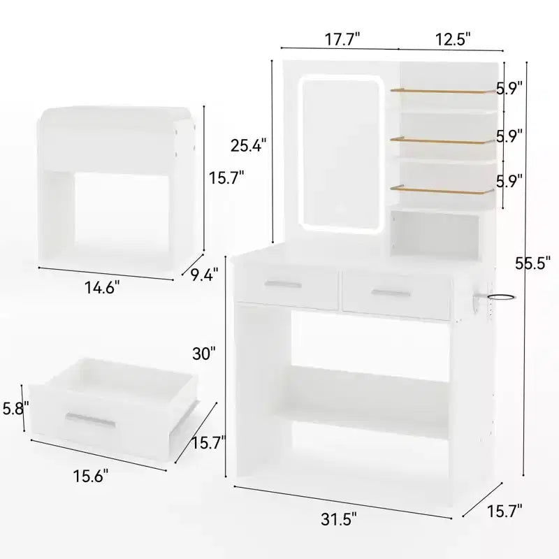 Makeup Vanity Desk with Mirror and Lights, 31W Dressing Table with 2 Drawers & Open Storage Shelves, Brightness Adjustable Makeup Vanity Table