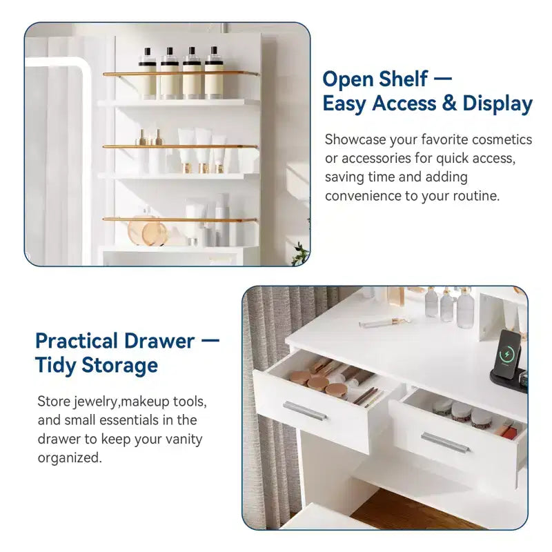 Makeup Vanity Desk with Mirror and Lights, 31W Dressing Table with 2 Drawers & Open Storage Shelves, Brightness Adjustable Makeup Vanity Table