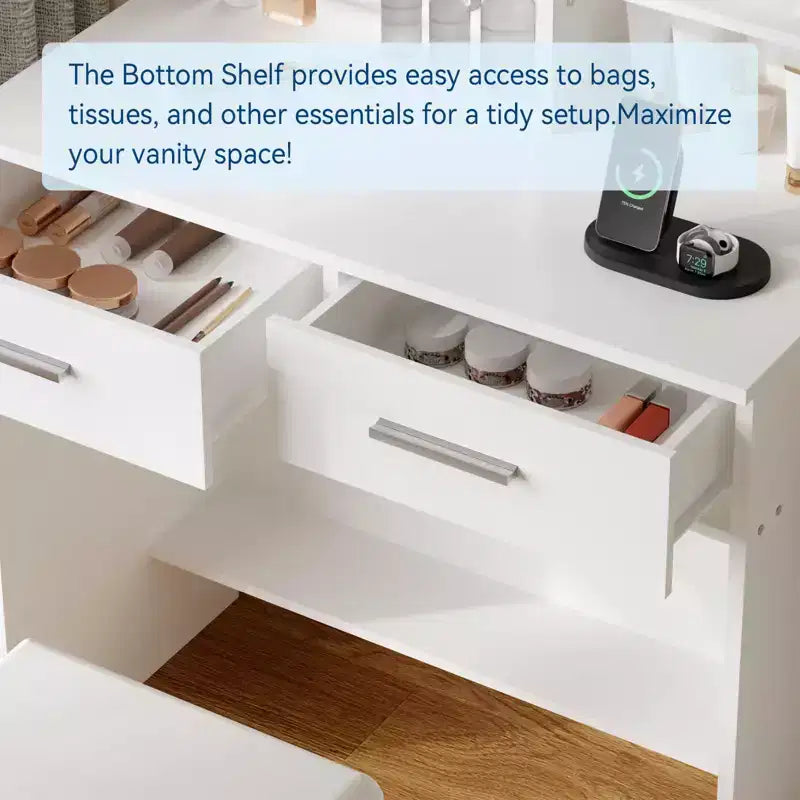 Makeup Vanity Desk with Mirror and Lights, 31W Dressing Table with 2 Drawers & Open Storage Shelves, Brightness Adjustable Makeup Vanity Table
