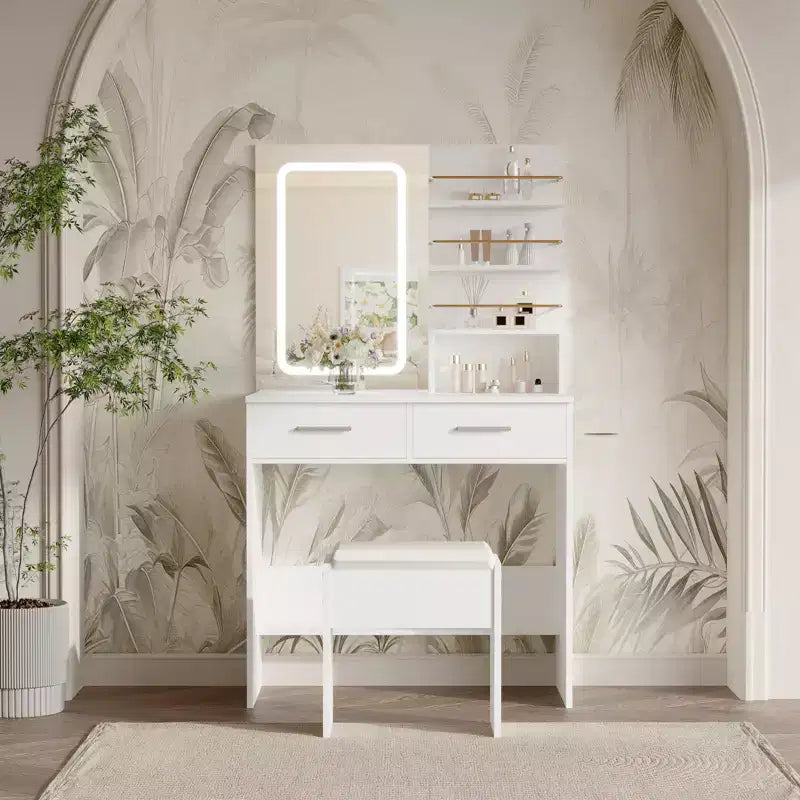 Makeup Vanity Desk with Mirror and Lights, 31W Dressing Table with 2 Drawers & Open Storage Shelves, Brightness Adjustable Makeup Vanity Table