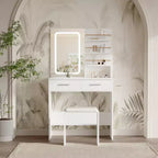Makeup Vanity Desk with Mirror and Lights, 31W Dressing Table with 2 Drawers & Open Storage Shelves, Brightness Adjustable Makeup Vanity Table