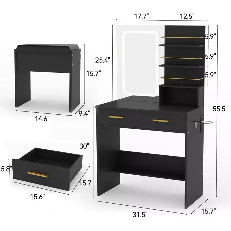 Makeup Vanity Desk with Mirror and Lights, 31W Dressing Table with 2 Drawers & Open Storage Shelves, Brightness Adjustable Makeup Vanity Table