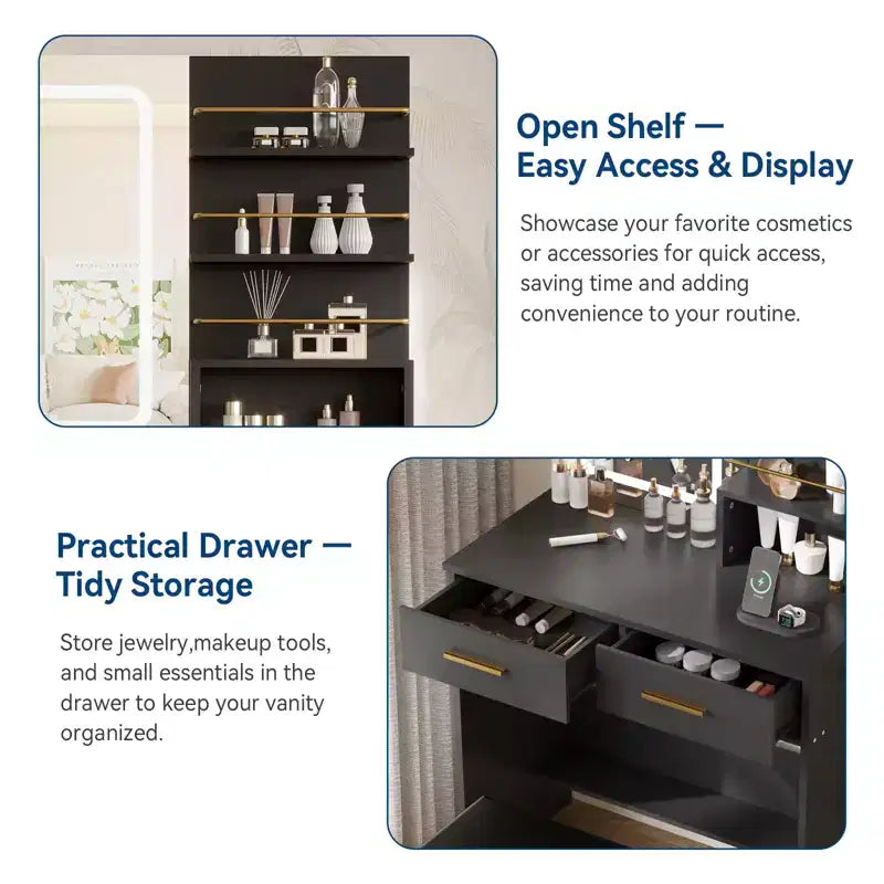 Makeup Vanity Desk with Mirror and Lights, 31W Dressing Table with 2 Drawers & Open Storage Shelves, Brightness Adjustable Makeup Vanity Table