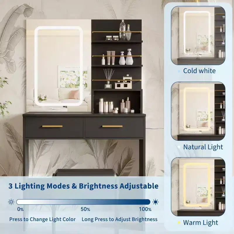 Makeup Vanity Desk with Mirror and Lights, 31W Dressing Table with 2 Drawers & Open Storage Shelves, Brightness Adjustable Makeup Vanity Table
