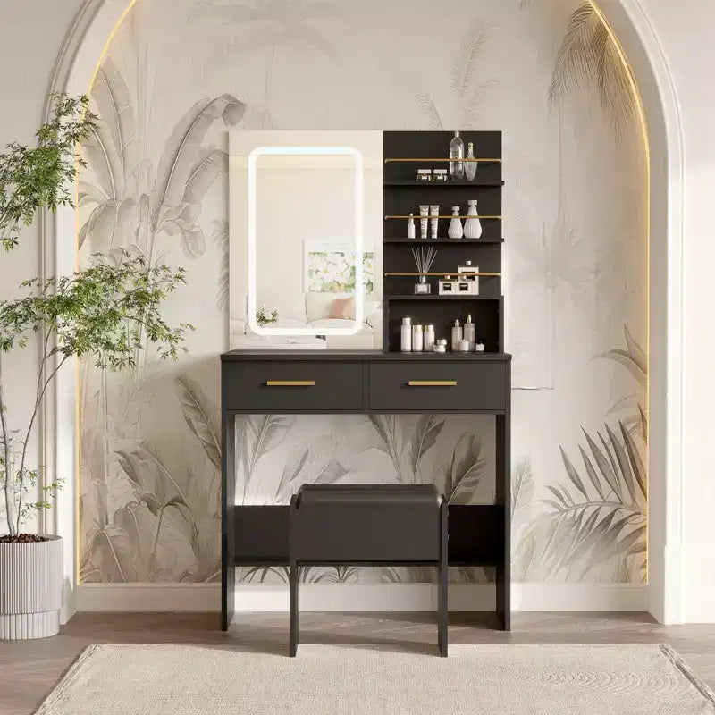 Makeup Vanity Desk with Mirror and Lights, 31W Dressing Table with 2 Drawers & Open Storage Shelves, Brightness Adjustable Makeup Vanity Table