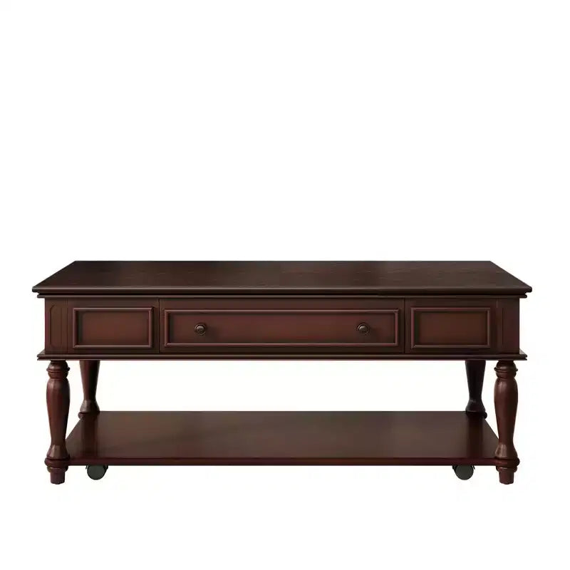 Farmhouse Coffee Table with Drawer, Lockable Wheels and Solid Wood Legs - Espresso, 47.2"W