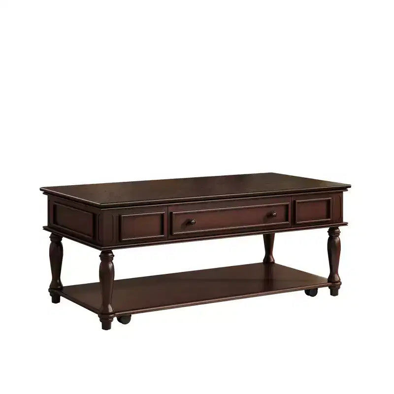 Farmhouse Coffee Table with Drawer, Lockable Wheels and Solid Wood Legs - Espresso, 47.2"W