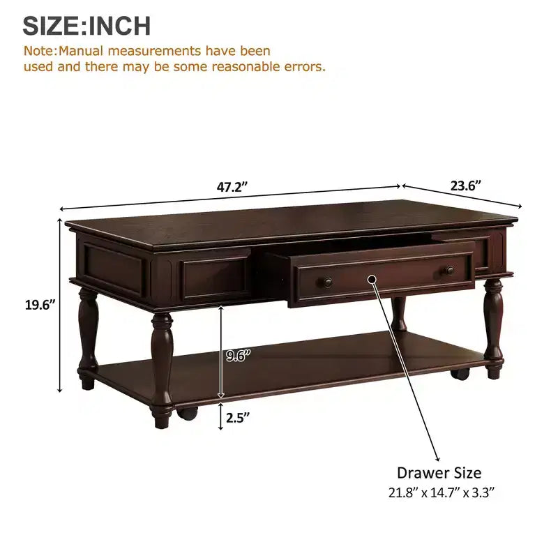 Farmhouse Coffee Table with Drawer, Lockable Wheels and Solid Wood Legs - Espresso, 47.2"W
