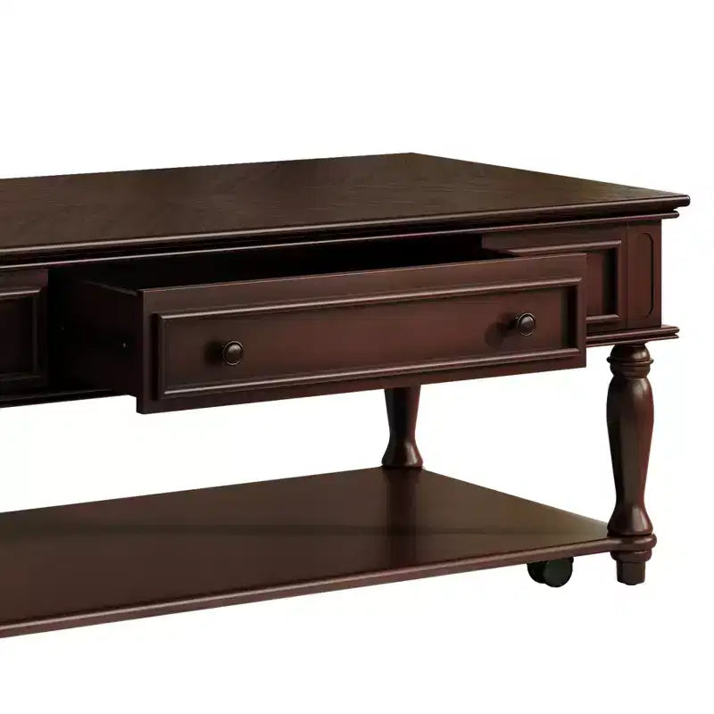 Farmhouse Coffee Table with Drawer, Lockable Wheels and Solid Wood Legs - Espresso, 47.2"W