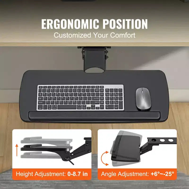 Under-Desk Keyboard Tray with Adjustable Height and Angle - 25x9.8", Black