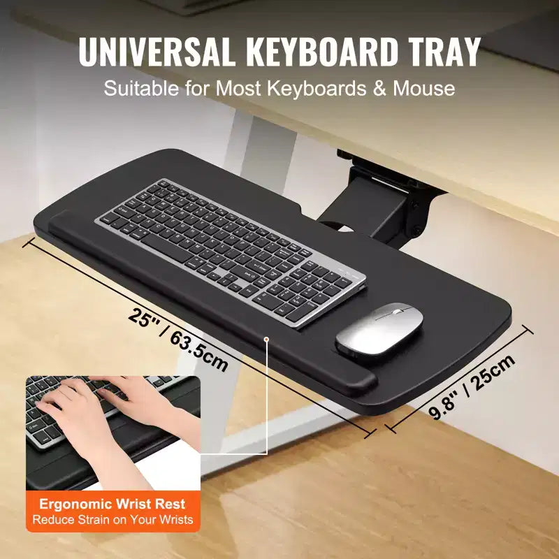 Under-Desk Keyboard Tray with Adjustable Height and Angle - 25x9.8", Black