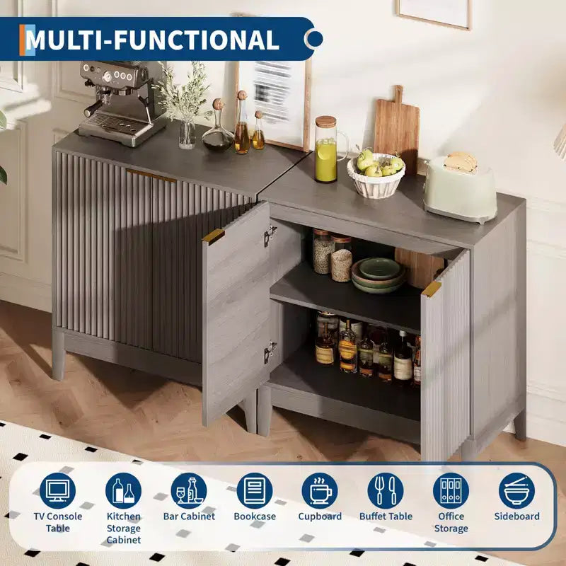 31.5" Fluted Storage Cabinet with Gold Handles and Adjustable Shelf - Oak Finish Buffet Sideboard
