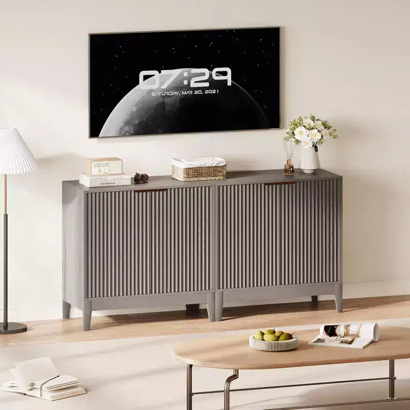 31.5" Fluted Storage Cabinet with Gold Handles and Adjustable Shelf - Oak Finish Buffet Sideboard