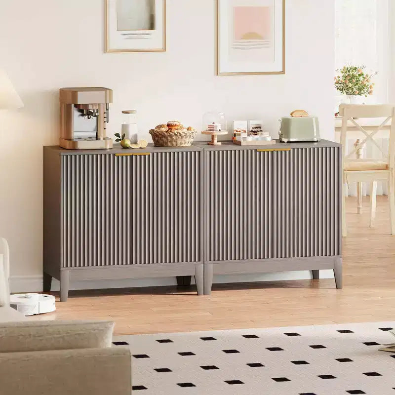 31.5" Fluted Storage Cabinet with Gold Handles and Adjustable Shelf - Oak Finish Buffet Sideboard