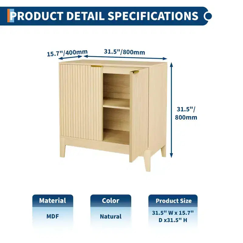 31.5" Fluted Storage Cabinet with Gold Handles and Adjustable Shelf - Oak Finish Buffet Sideboard