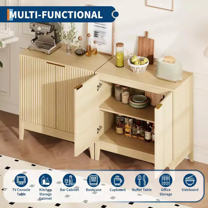 31.5" Fluted Storage Cabinet with Gold Handles and Adjustable Shelf - Oak Finish Buffet Sideboard