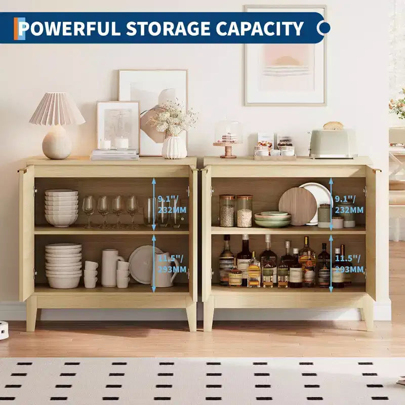 31.5" Fluted Storage Cabinet with Gold Handles and Adjustable Shelf - Oak Finish Buffet Sideboard