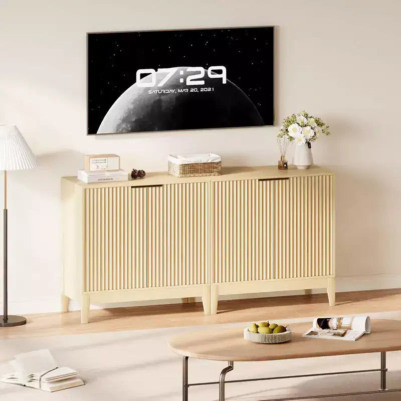 31.5" Fluted Storage Cabinet with Gold Handles and Adjustable Shelf - Oak Finish Buffet Sideboard