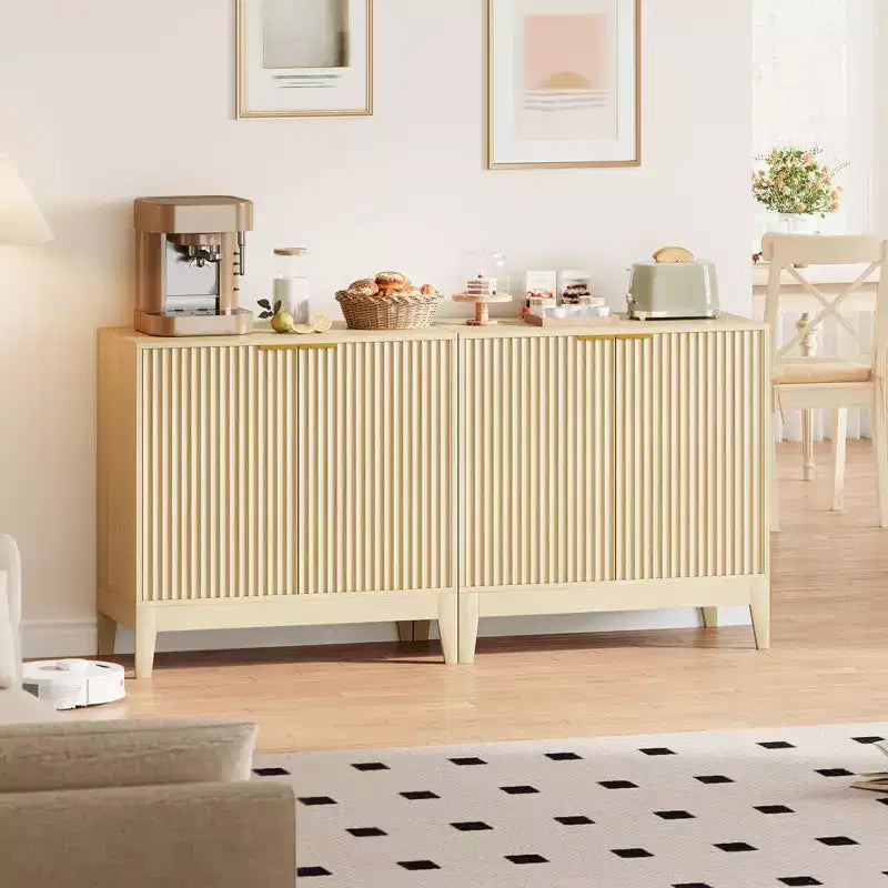 31.5" Fluted Storage Cabinet with Gold Handles and Adjustable Shelf - Oak Finish Buffet Sideboard