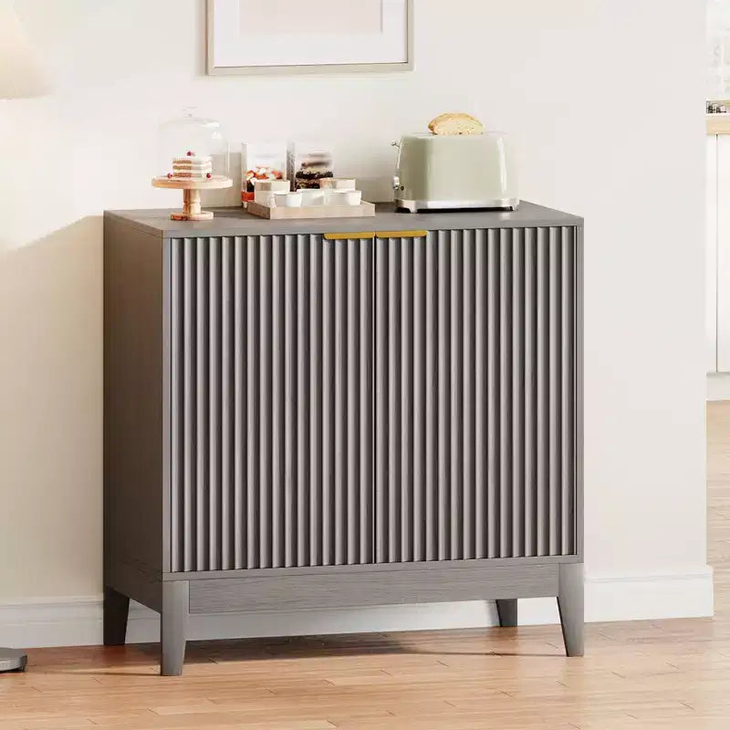 31.5" Fluted Storage Cabinet with Gold Handles and Adjustable Shelf - Oak Finish Buffet Sideboard