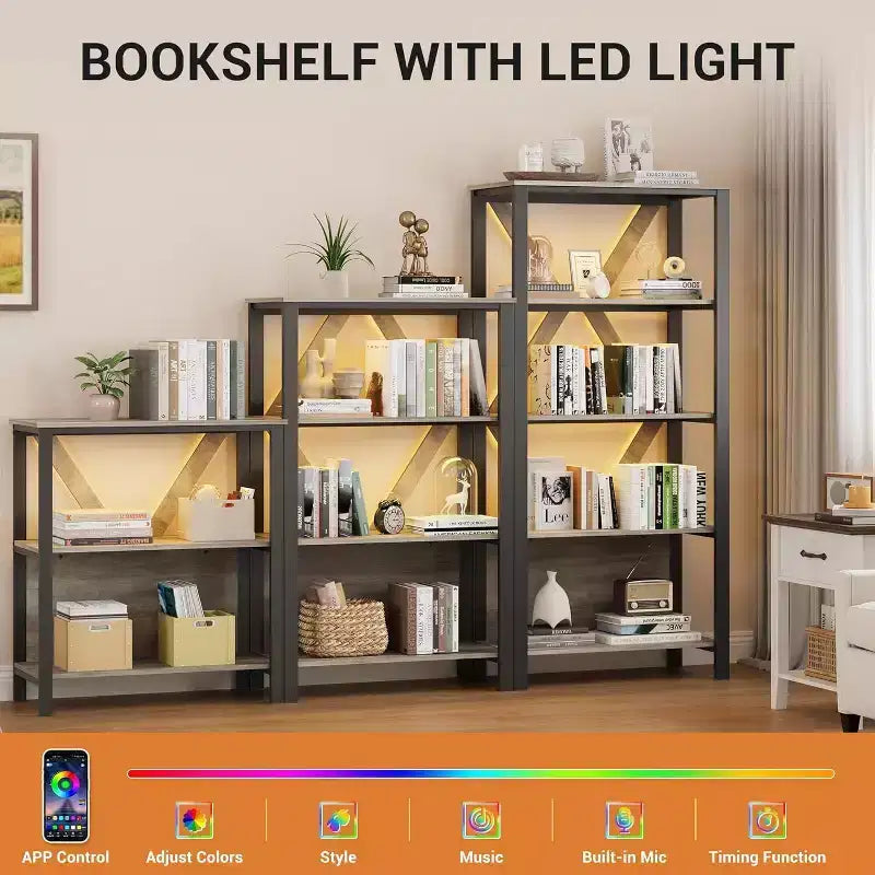 Industrial Bookcase - Modern Metal Display Shelf Organizer for Living Room or Office