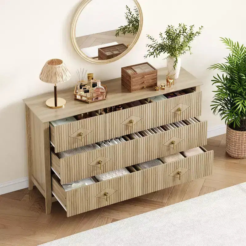 7 Drawer Dresser for Bedroom, 54W Wooden Chest of Drawers with Metal Handles, Fluted Clothes Storage Organizer, Dresser TV Stand for Hallway