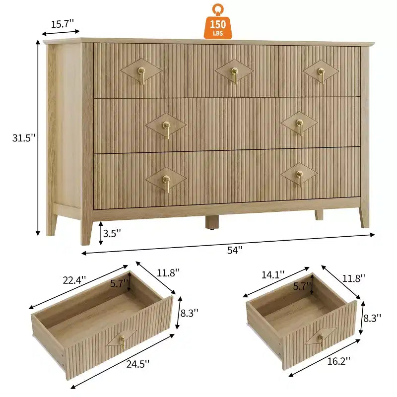 7 Drawer Dresser for Bedroom, 54W Wooden Chest of Drawers with Metal Handles, Fluted Clothes Storage Organizer, Dresser TV Stand for Hallway