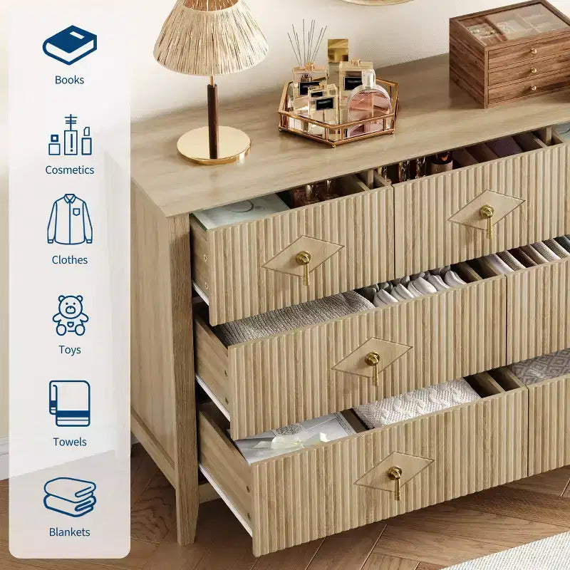 7 Drawer Dresser for Bedroom, 54W Wooden Chest of Drawers with Metal Handles, Fluted Clothes Storage Organizer, Dresser TV Stand for Hallway