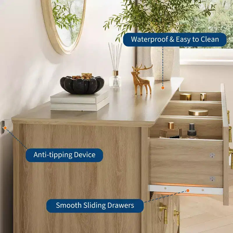 7 Drawer Dresser for Bedroom, 54W Wooden Chest of Drawers with Metal Handles, Fluted Clothes Storage Organizer, Dresser TV Stand for Hallway
